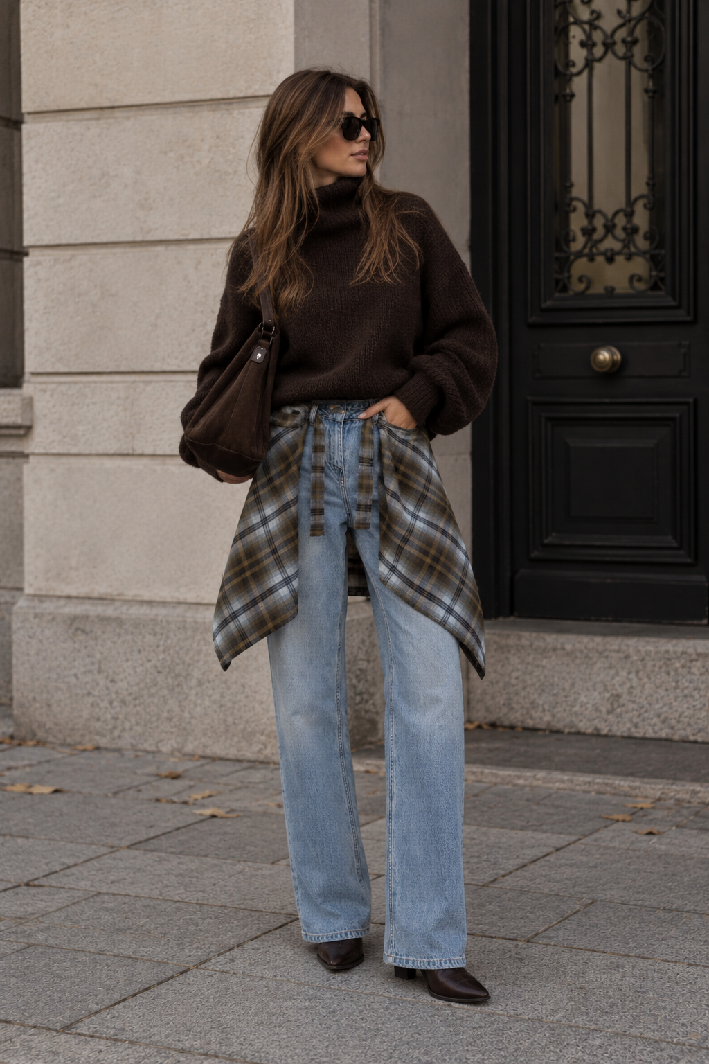 A woman stands on a city sidewalk wearing a dark brown turtleneck sweater, light-wash wide-leg jeans, a brown plaid shirt tied around her waist, and dark brown shoes. She is posed in front of a stone building with a black door.