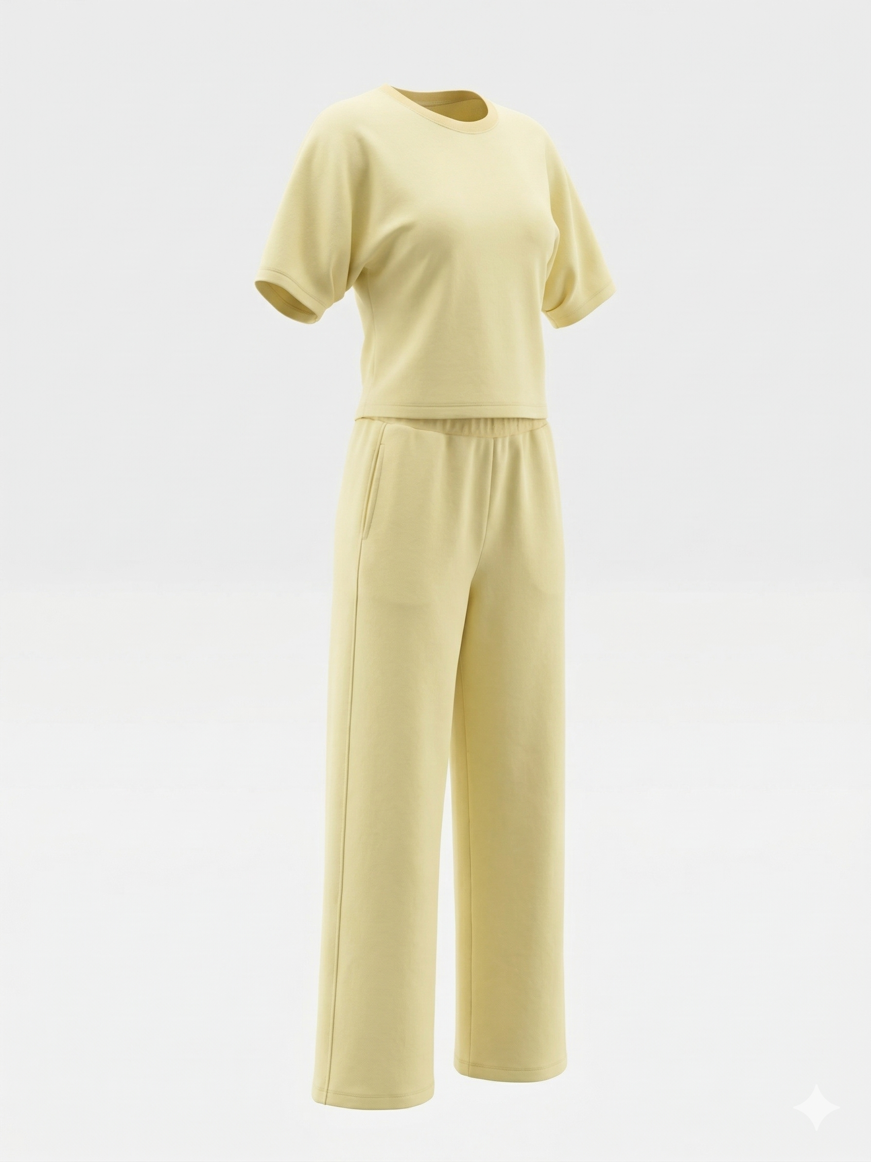 Yellow outfit with a top and pants on a white background