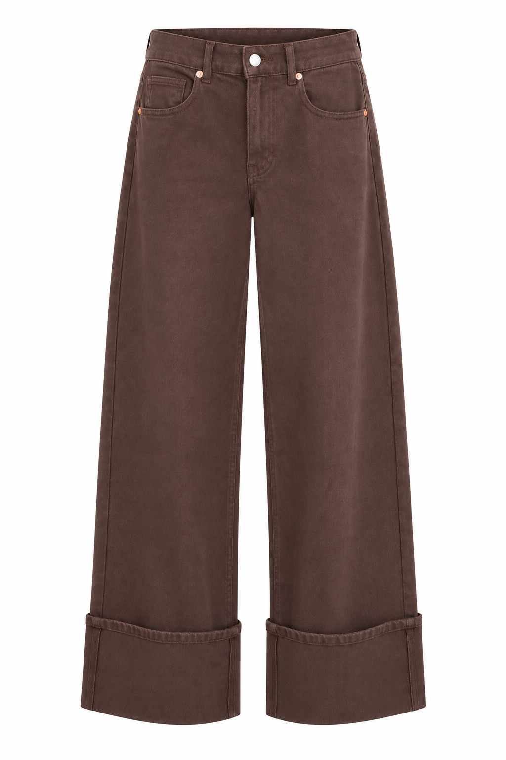 A pair of dark brown wide-leg cropped jeans with rolled cuffs, shown flat against a solid white background.