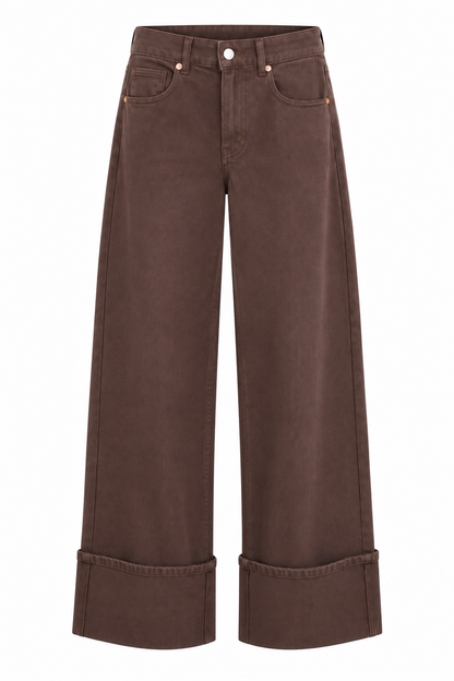 A pair of dark brown wide-leg cropped jeans with rolled cuffs, shown flat against a solid white background.