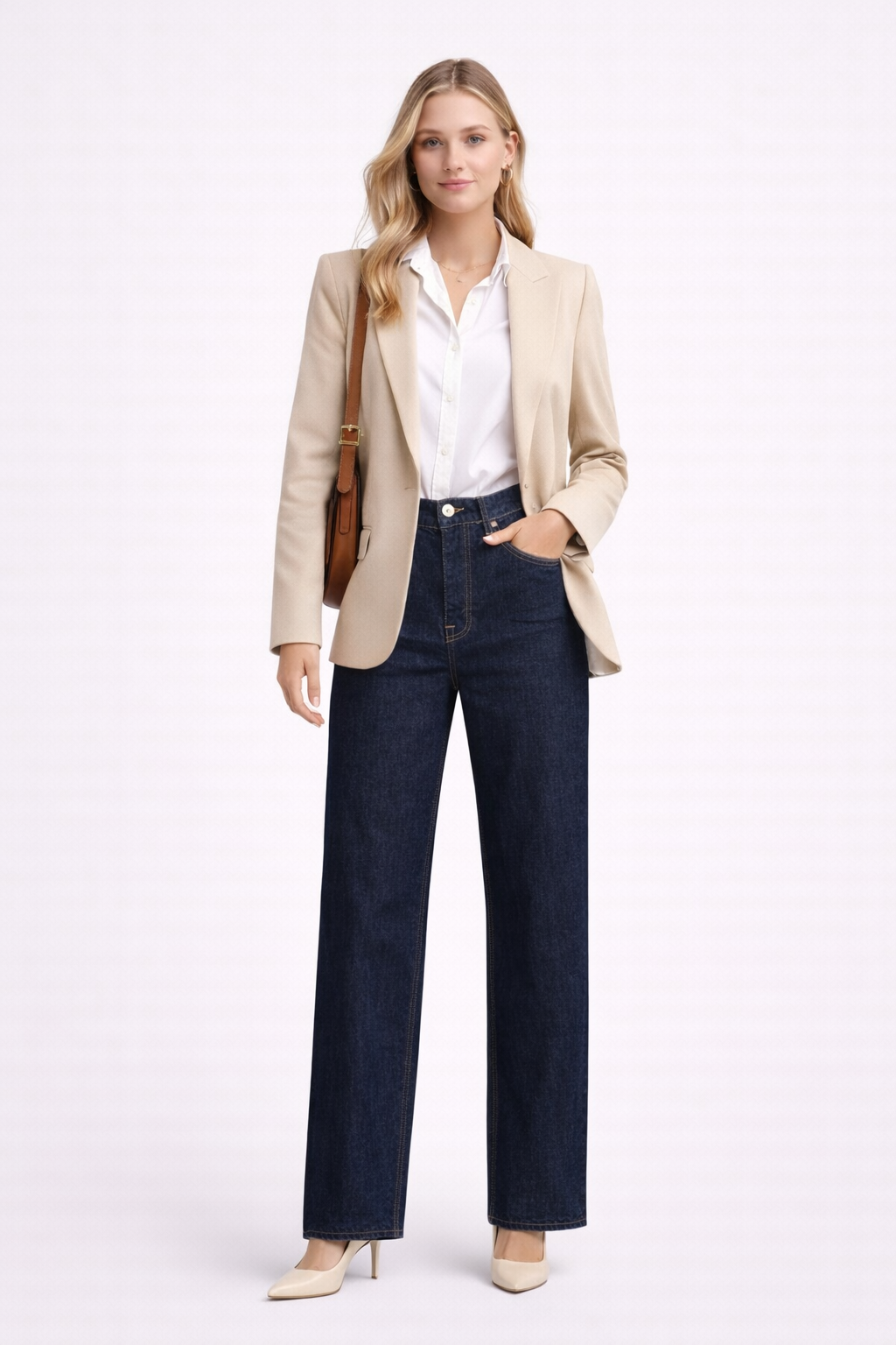 MErgina su ilgais tamsiai mėlynais džinsais smart casual