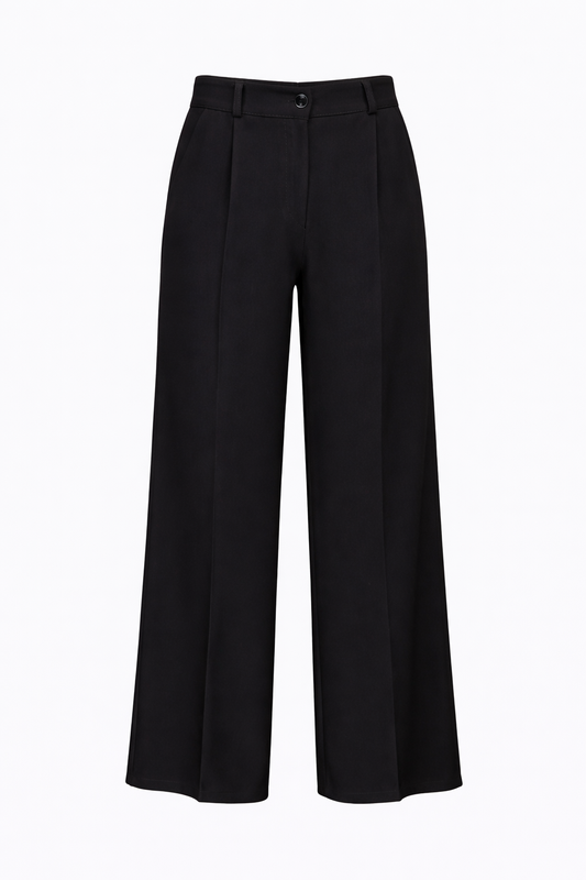 Black wide-leg pants on a white background