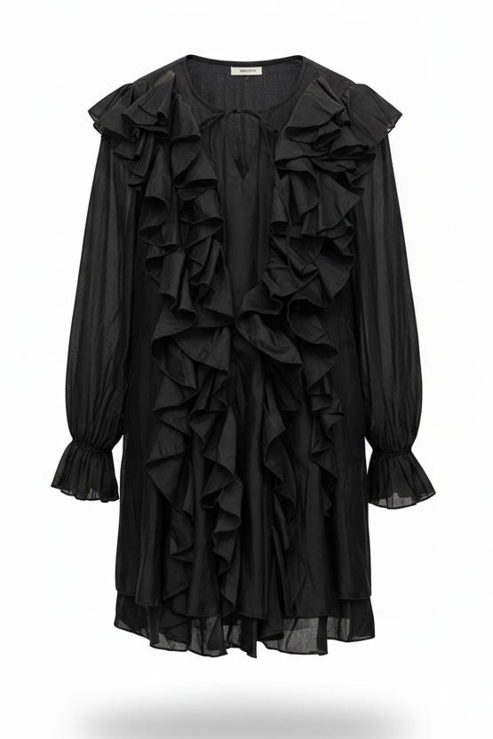 Black ruffled dress on a white background