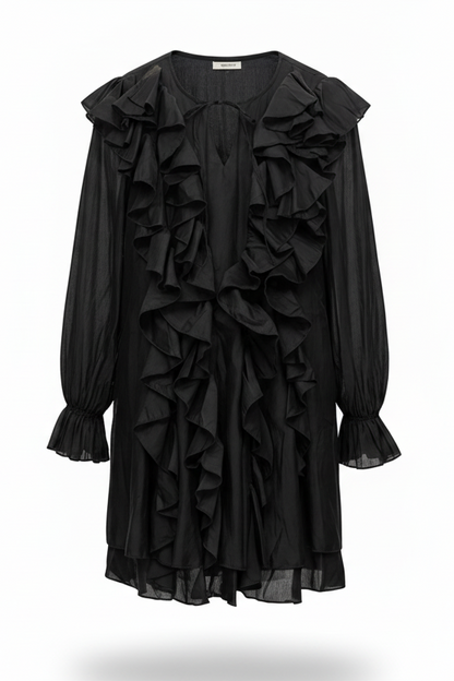 Black ruffled dress on a white background