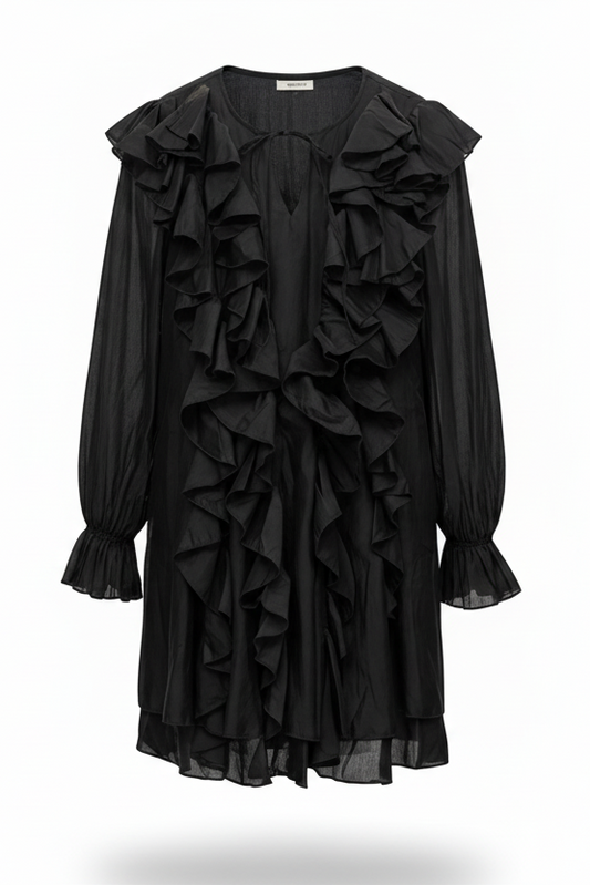 Black ruffled dress on a white background