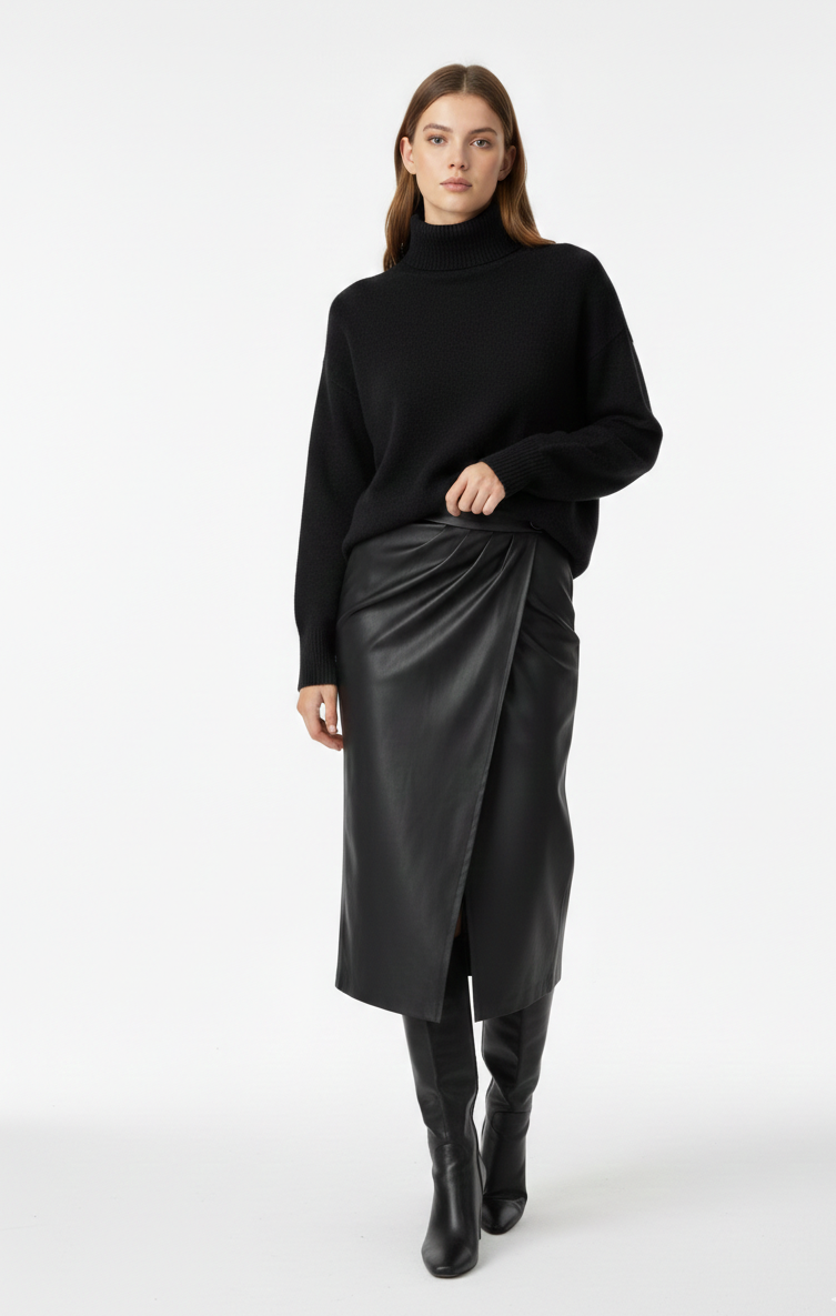 Woman wearing a black turtleneck sweater and satin skirt on a white background