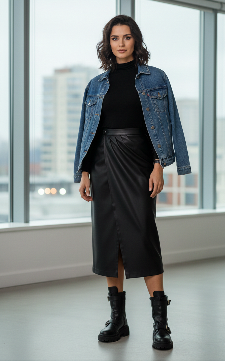 Woman wearing a denim jacket, black turtleneck, black skirt, and black boots in an indoor setting with large windows.