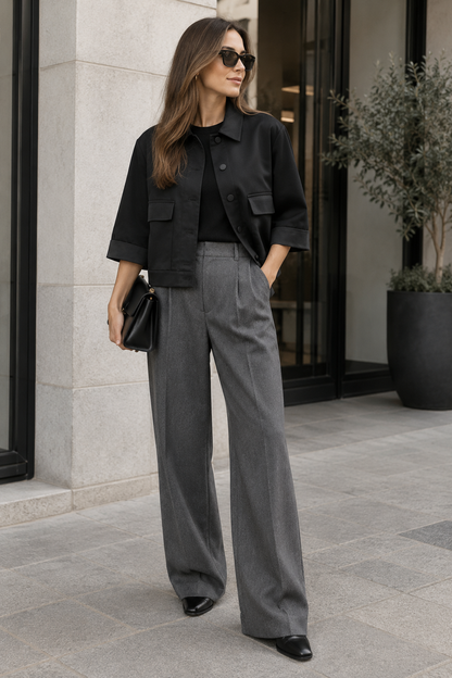 A woman stands outdoors wearing a black cropped button-front jacket over a black top, paired with wide-leg gray trousers and black pointed shoes. She is holding a small black clutch and wearing dark sunglasses, with a modern building entrance and potted plant in the background.