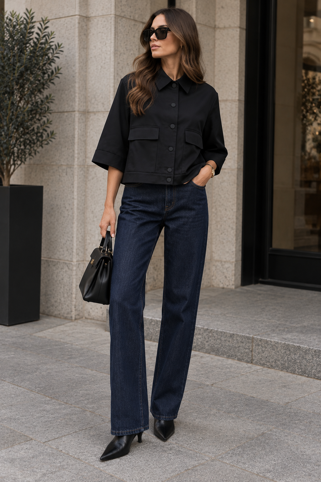 A woman stands outdoors in front of a stone building wearing a black cropped short-sleeve button-up shirt, dark blue straight-leg jeans, black pointed-toe heels, and black sunglasses, while holding a black handbag.