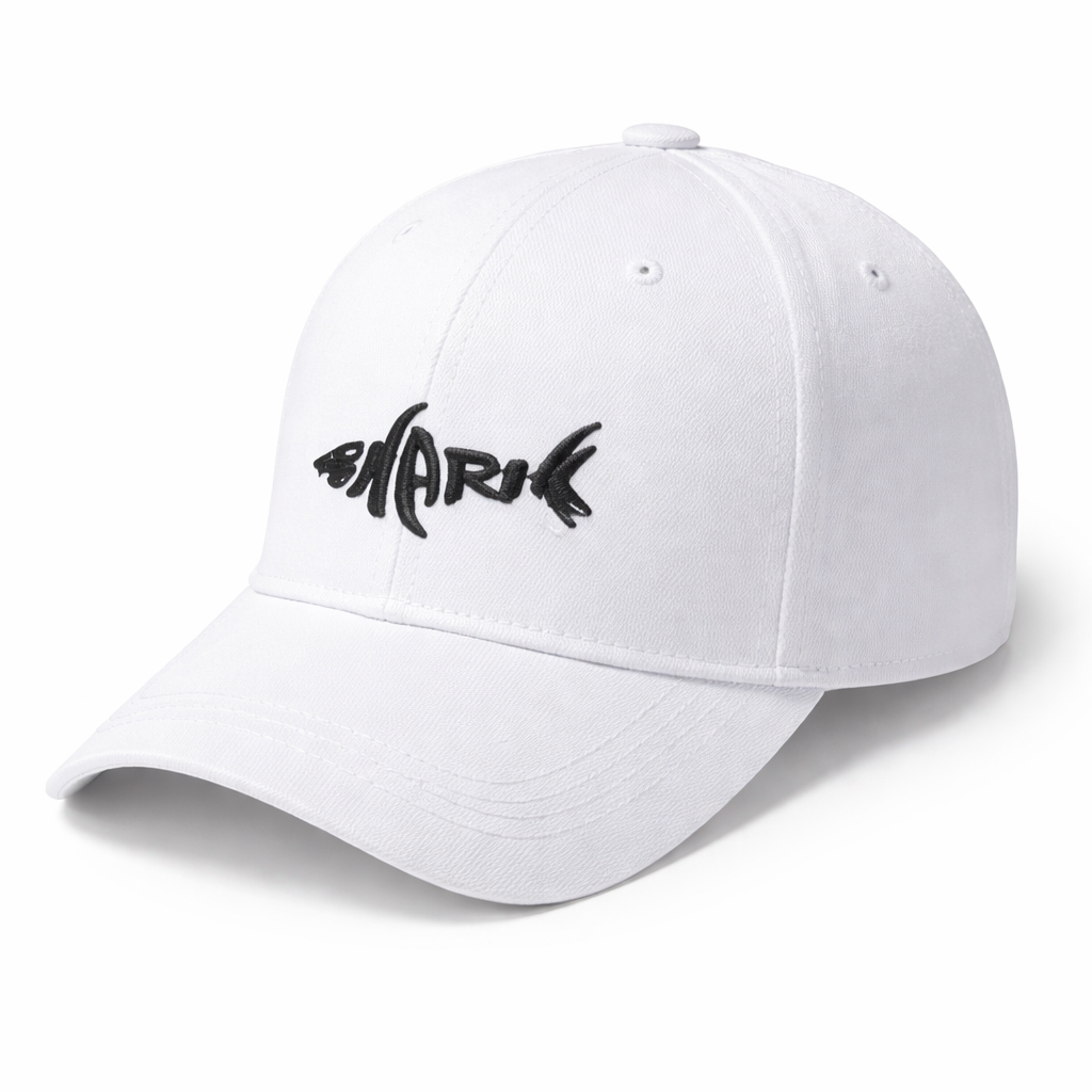 White cap with black logo on a white background