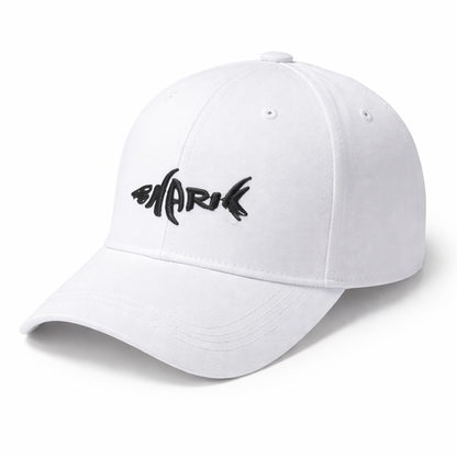 White cap with black logo on a white background