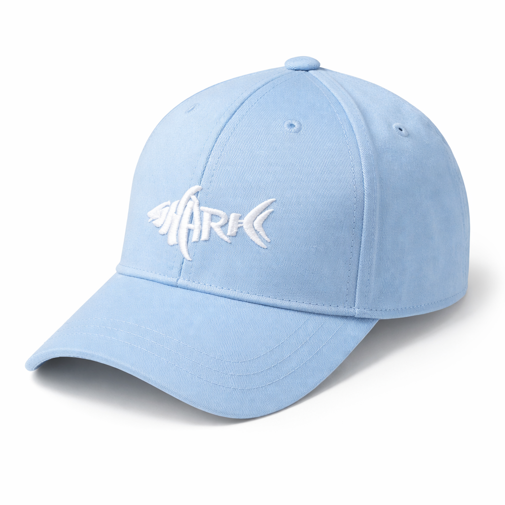 Light blue cap with a white logo on a white background