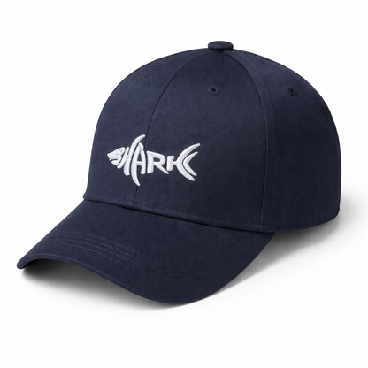 Navy blue cap with white 'SHARK' logo on a white background