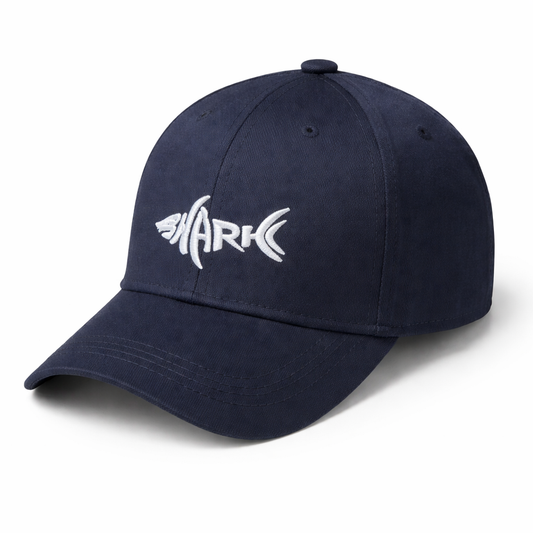 Navy blue cap with white 'SHARK' logo on a white background