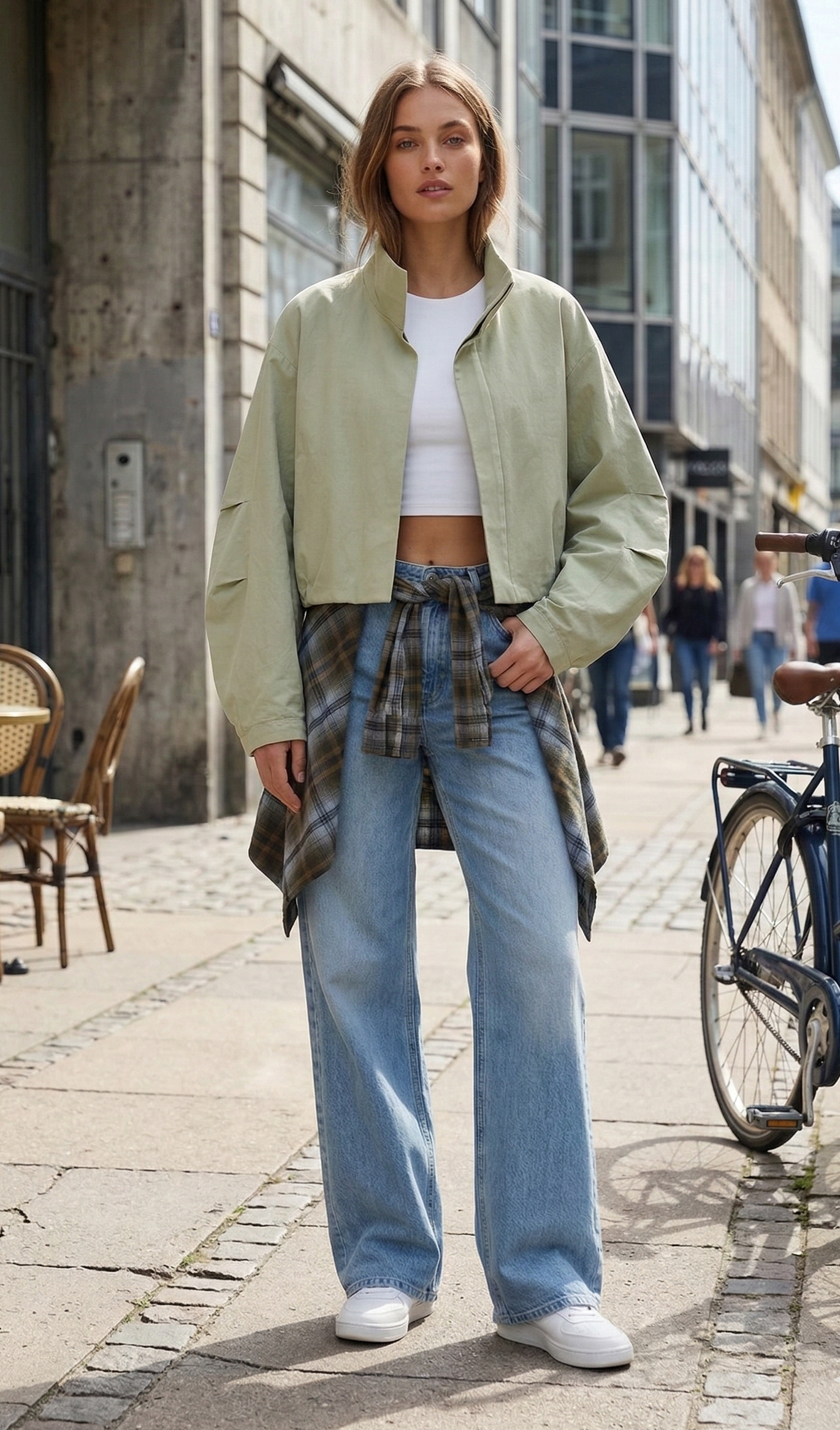 Woman walking on a city street wearing a light green jacket, white top, plaid skirt, and blue jeans.