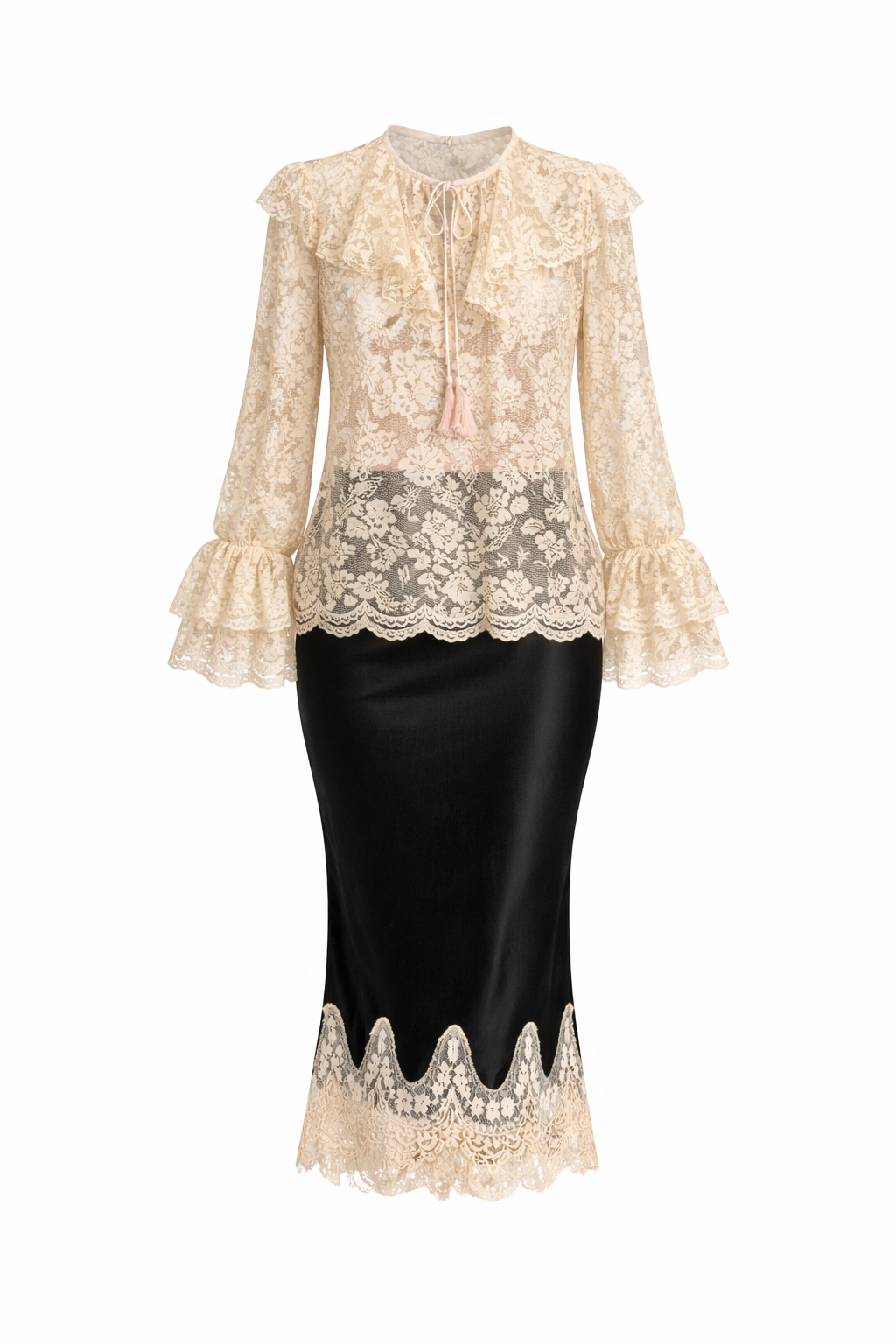Lace blouse with ruffled sleeves and a black skirt on a white background