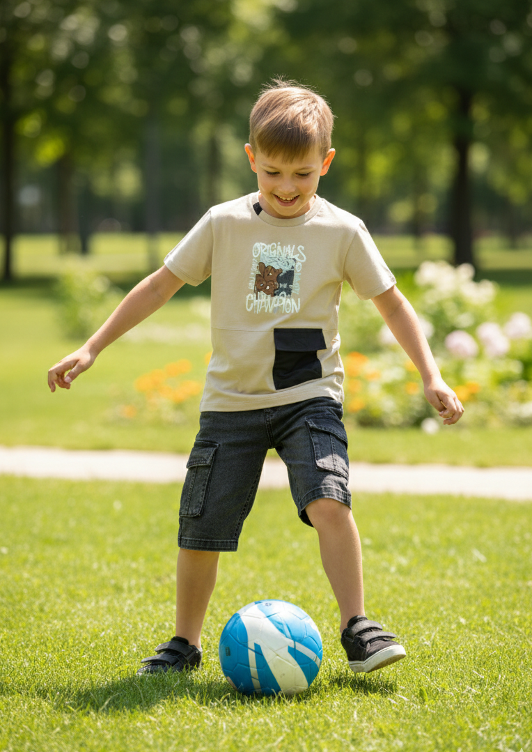 Child playing with a soccer ball on a grassy field with trees and flowers in the background