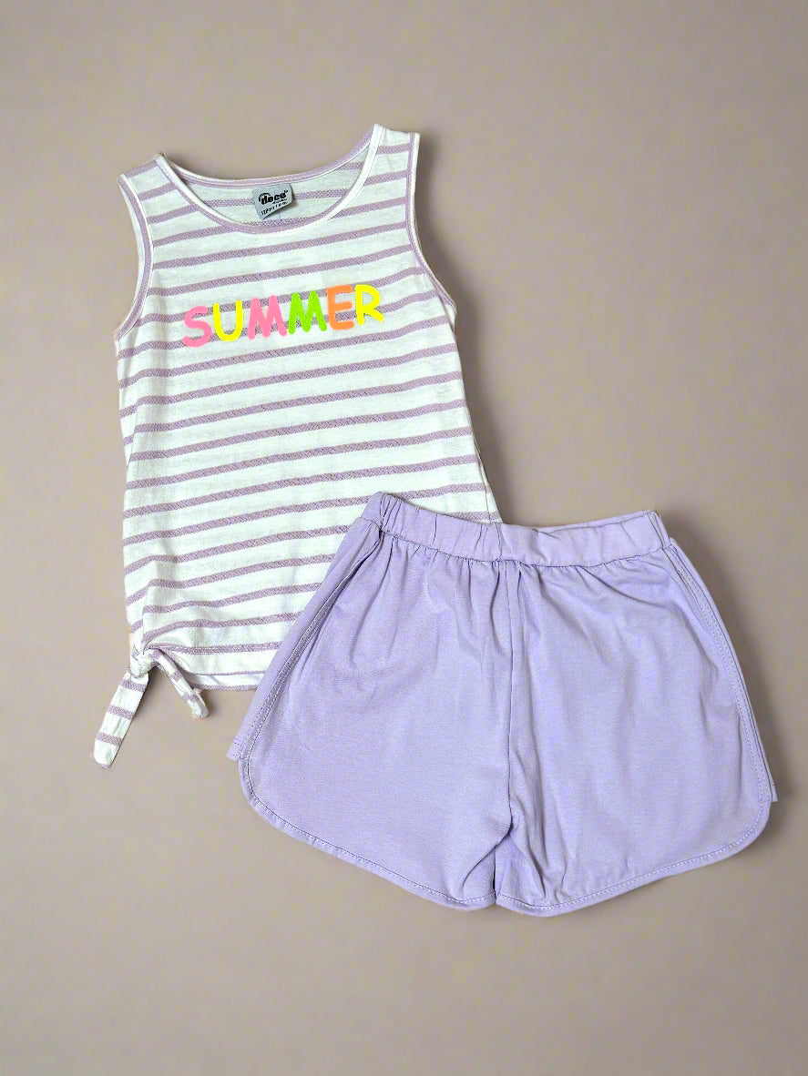 Striped tank top with 'SUMMER' text and purple shorts on a beige background