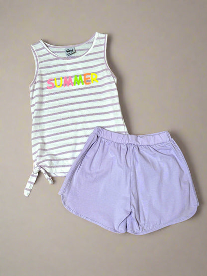 Striped tank top with 'SUMMER' text and purple shorts on a beige background