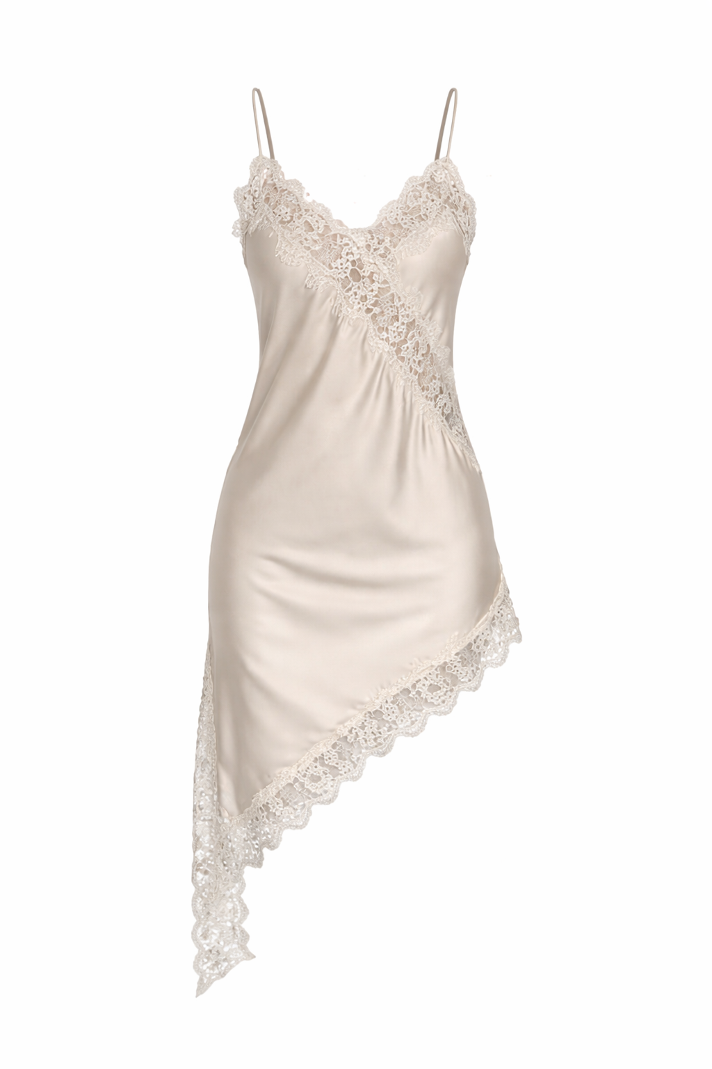 Beige slip dress with lace details on a white background
