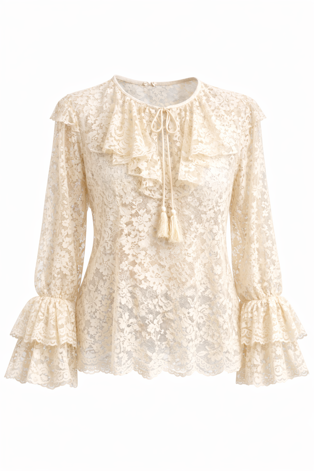 Cream-colored lace blouse with ruffled sleeves on a white background