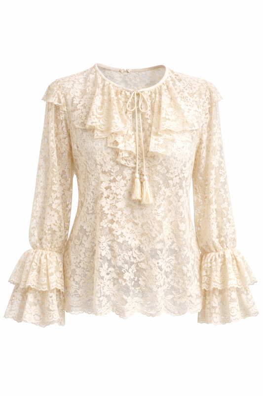 Cream-colored lace blouse with ruffled sleeves on a white background
