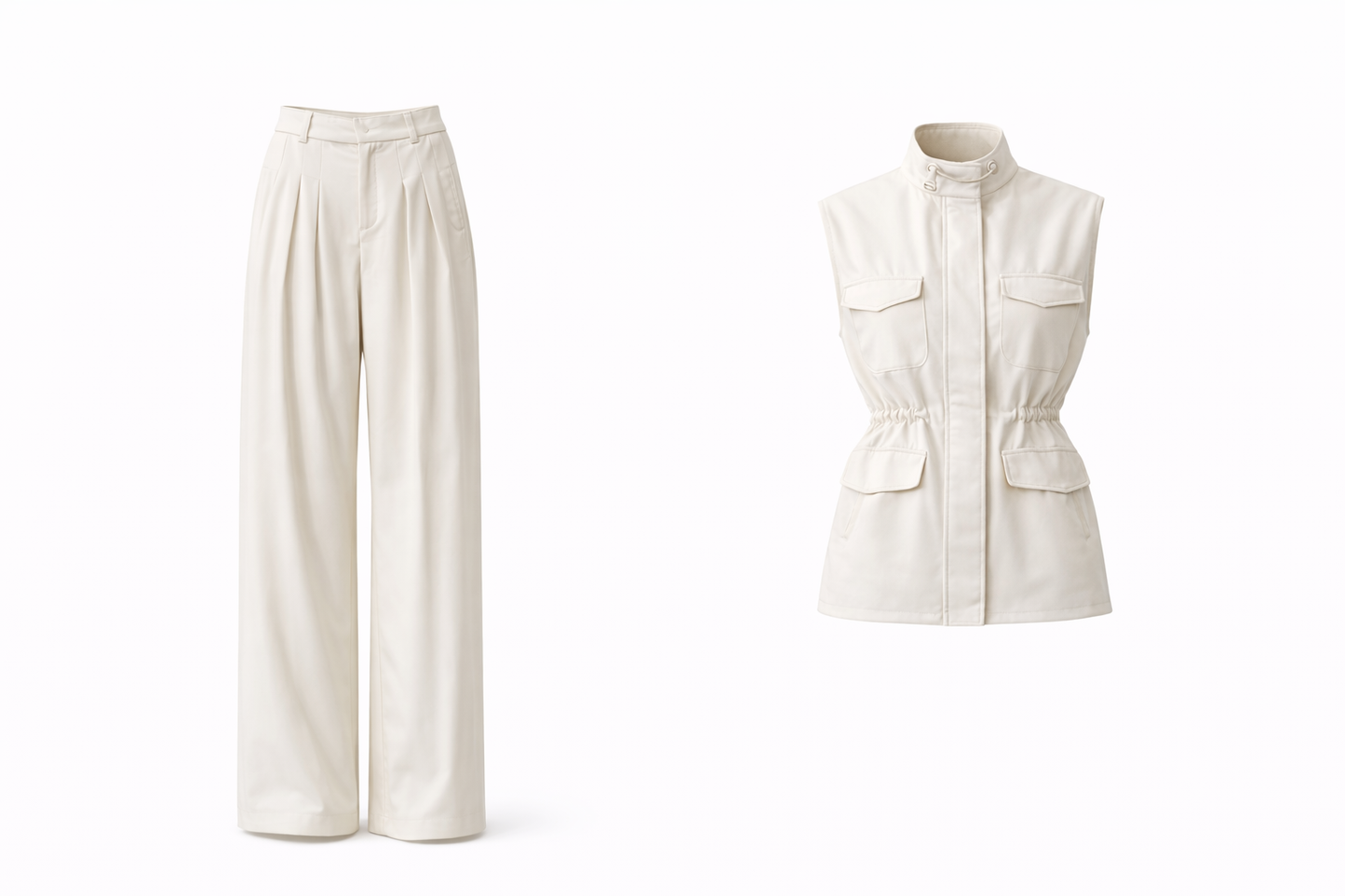 White pants and vest on a white background