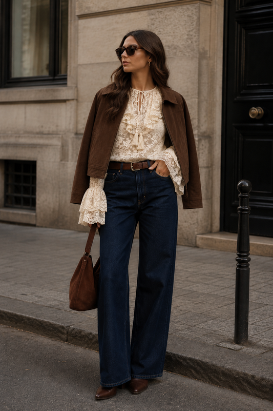 A woman stands on a city sidewalk wearing a brown suede jacket, cream lace blouse, dark blue wide-leg jeans, and brown shoes, with a brown handbag in one hand. The background shows a stone building facade and a black door.