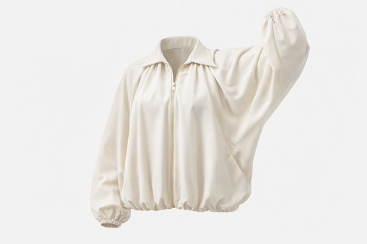 Kreminis bomberis pakelta ranka baltam fone