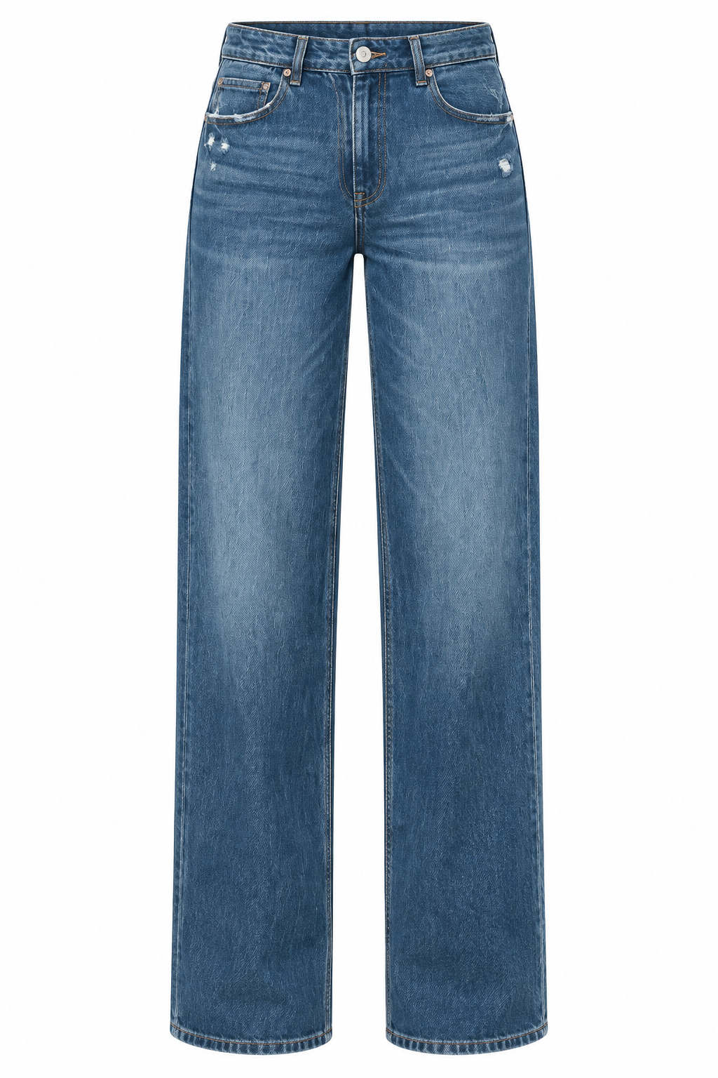 A pair of medium wash blue denim jeans with a straight-leg fit, shown flat against a solid white background.