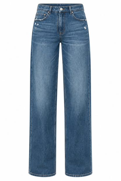 A pair of medium wash blue denim jeans with a straight-leg fit, shown flat against a solid white background.