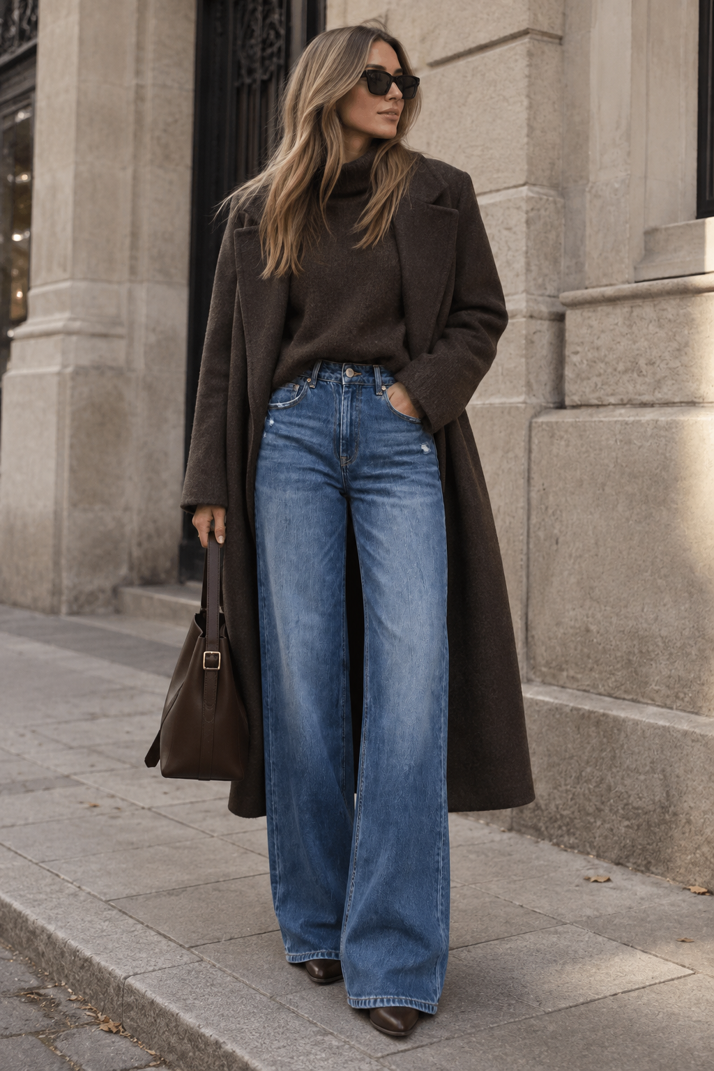 A woman stands on a city sidewalk wearing a long dark brown coat over a dark brown turtleneck sweater, paired with wide-leg blue jeans, dark pointed shoes, sunglasses, and carrying a brown handbag.