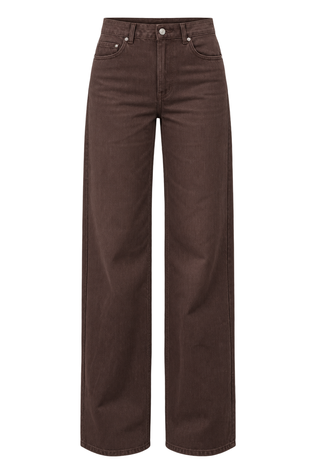 A pair of dark brown wide-leg jeans shown flat against a solid white background.