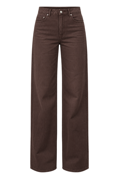 A pair of dark brown wide-leg jeans shown flat against a solid white background.