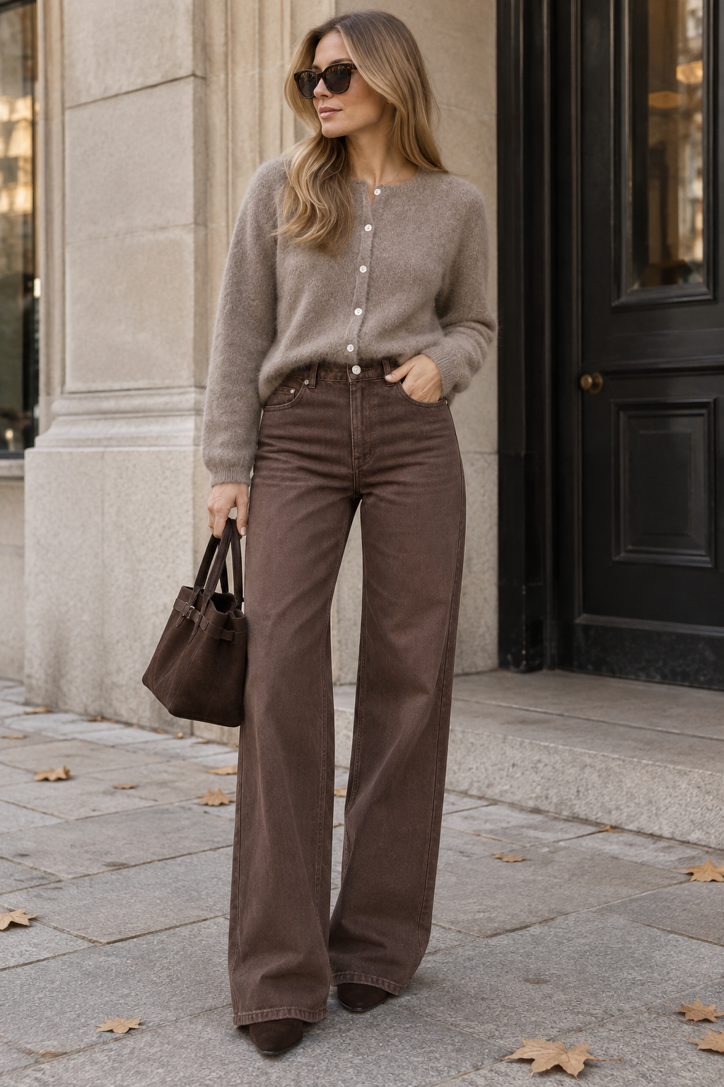 A woman stands on a city sidewalk wearing a taupe knit button-front cardigan, brown wide-leg jeans, dark pointed shoes, sunglasses, and carrying a brown handbag.