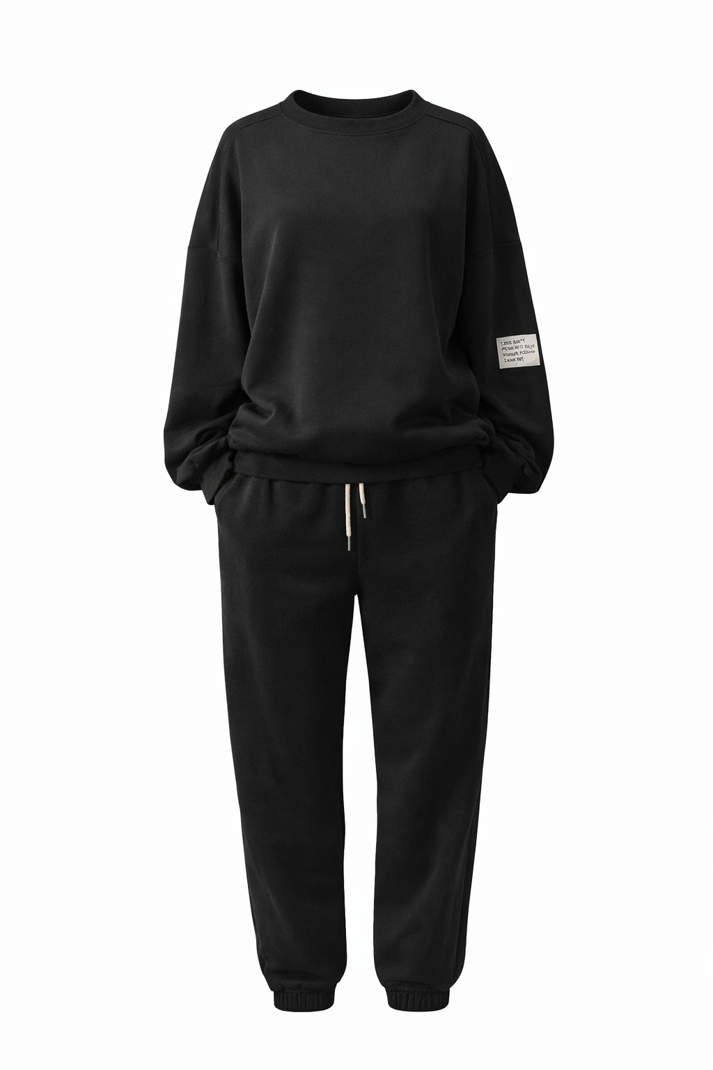 Black tracksuit with a brand logo on a white background