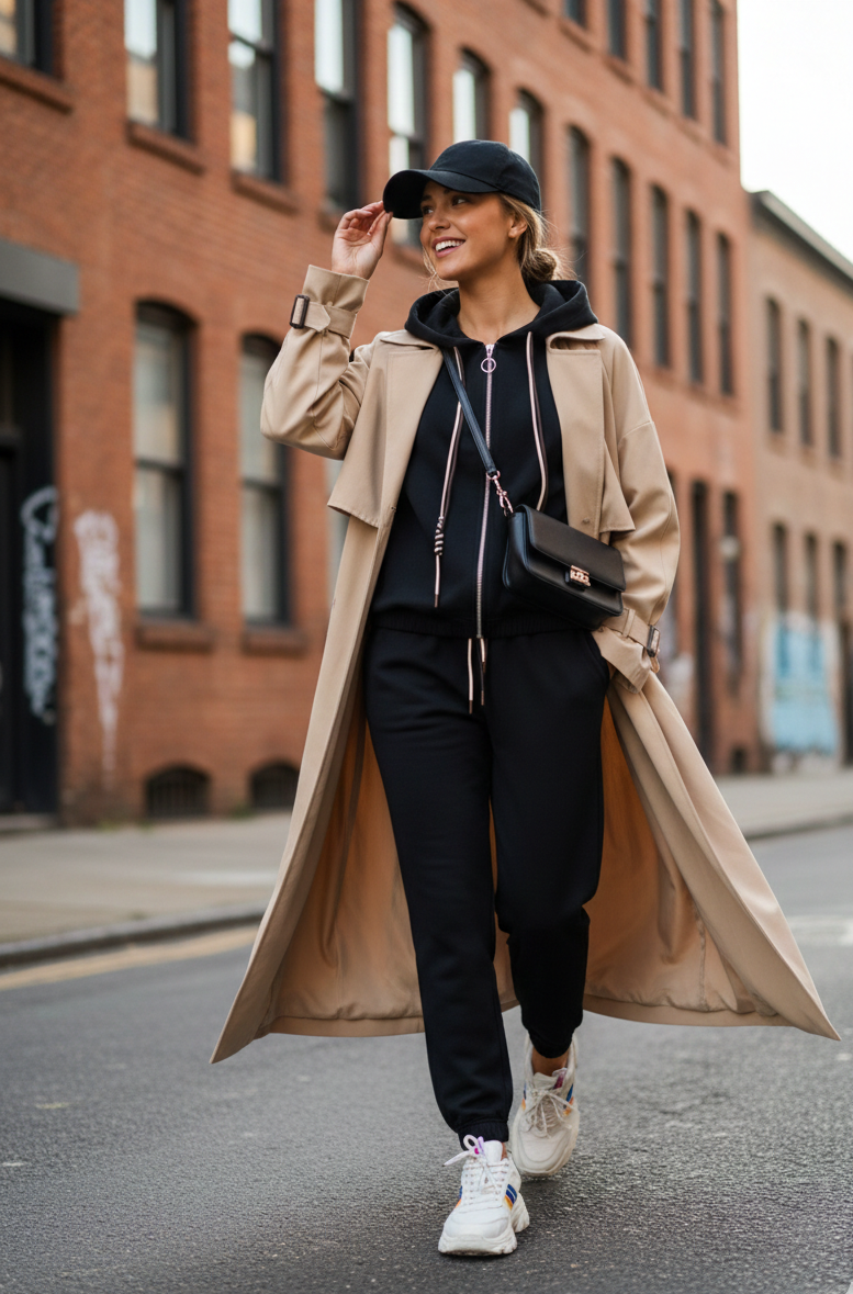 Woman in a beige trench coat and black outfit walking on a street.