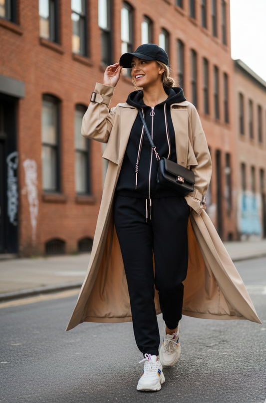 Woman in a beige trench coat and black outfit walking on a street.