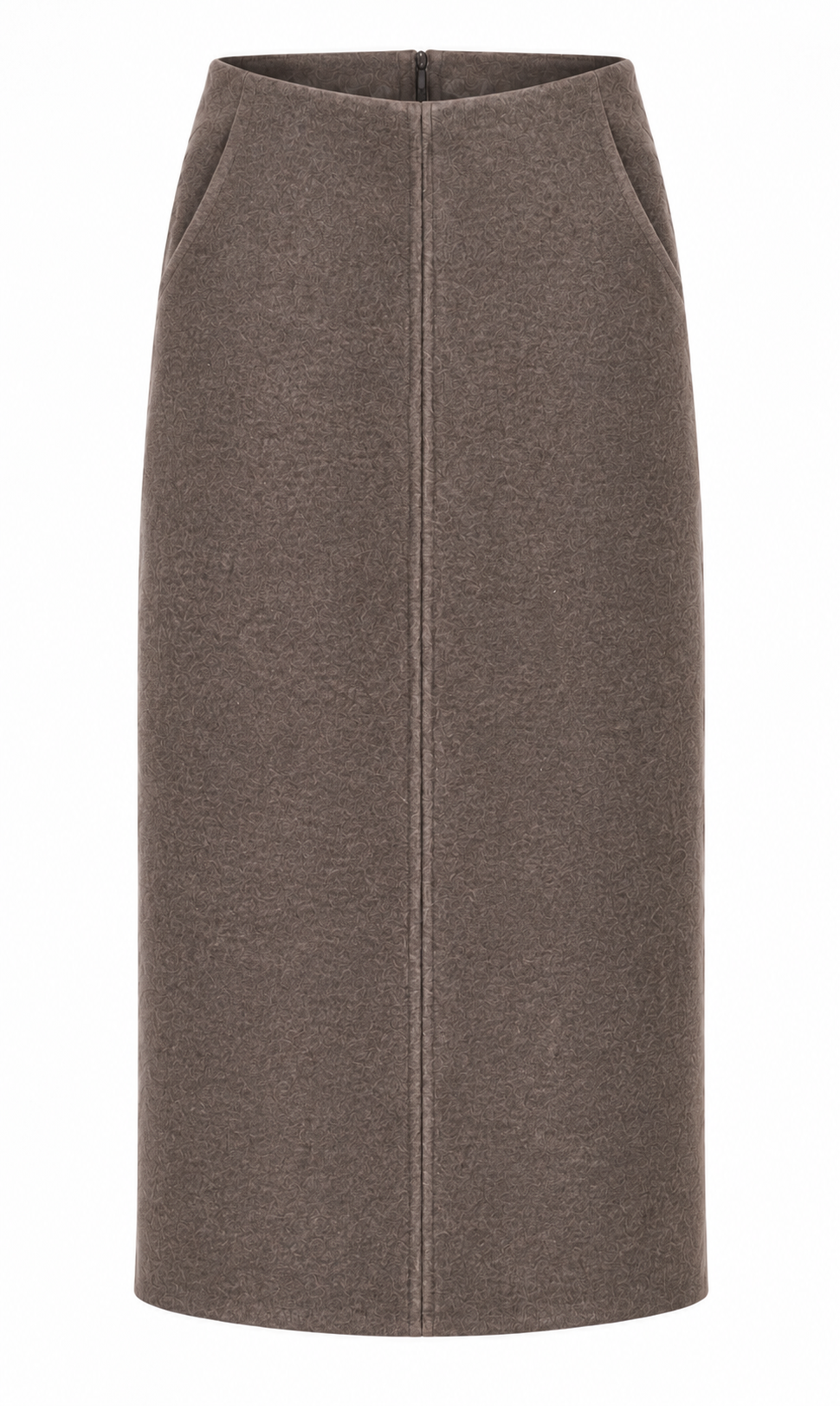 A taupe brown wool skirt with a front center seam and side pockets, shown against a plain white background.