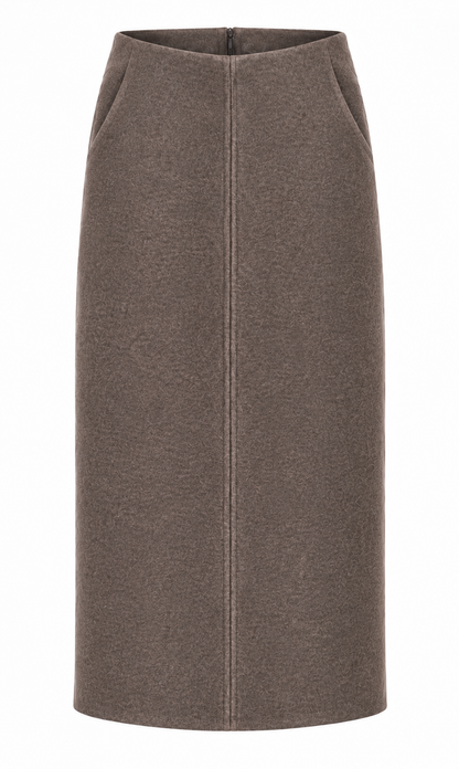 A taupe brown wool skirt with a front center seam and side pockets, shown against a plain white background.
