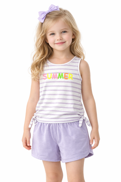 Young girl wearing a striped tank top with 'SUMMER' and shorts on a white background