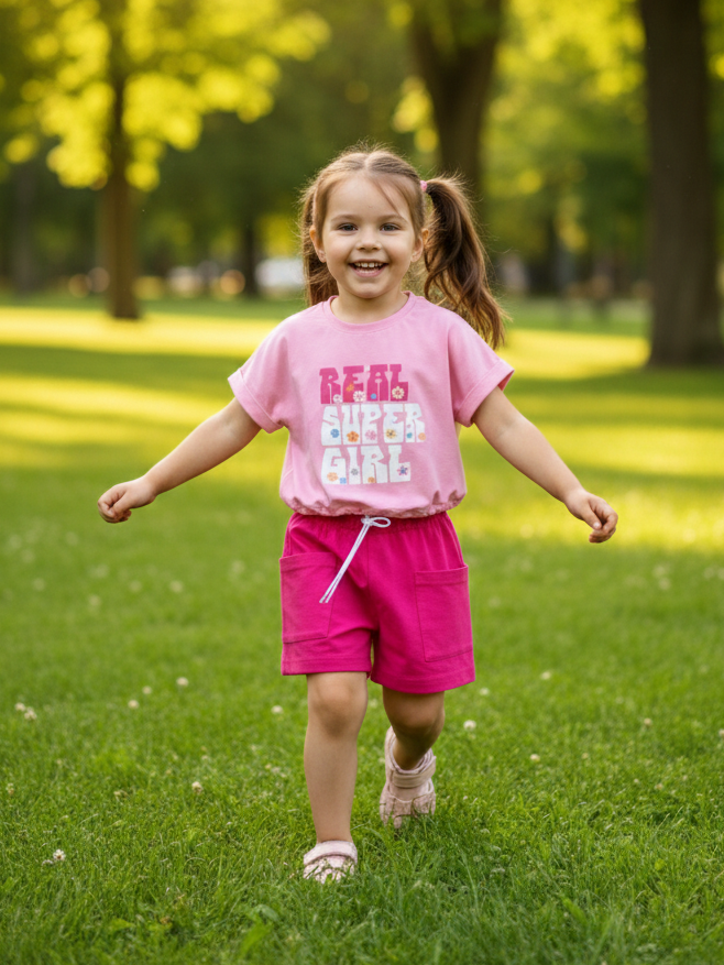 Young girl in pink outfit running on grass with trees in the background