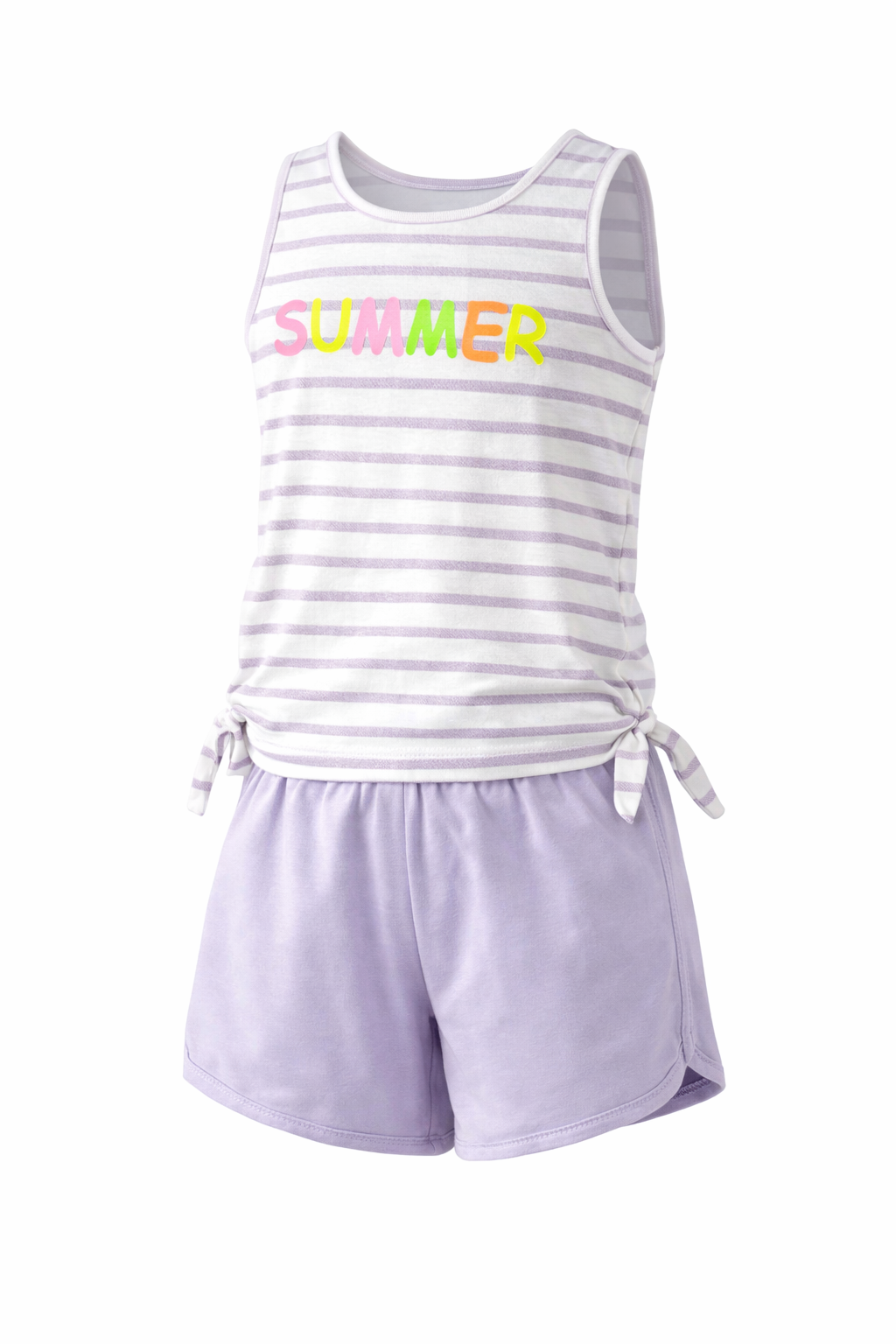 Striped tank top with 'SUMMER' text and lavender shorts on a white background
