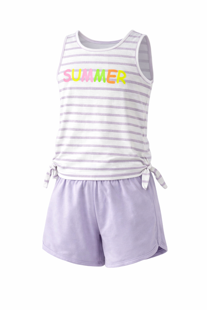 Striped tank top with 'SUMMER' text and lavender shorts on a white background