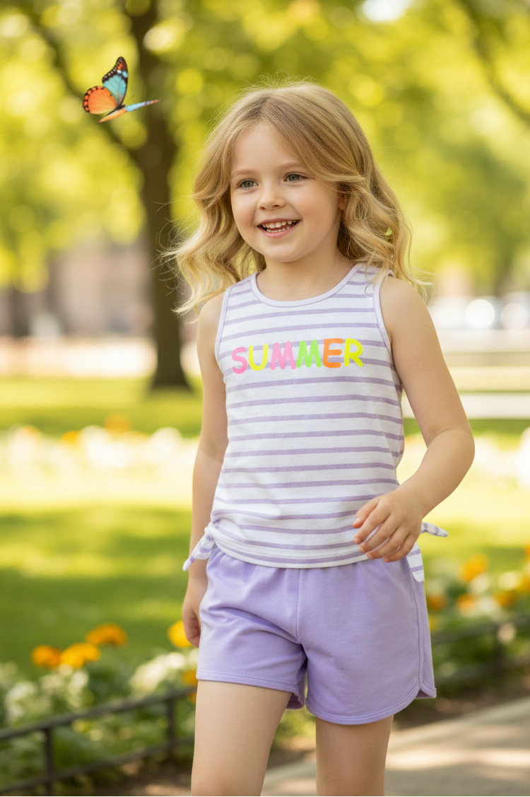 Young girl in a striped tank top and shorts standing in a park with a butterfly.