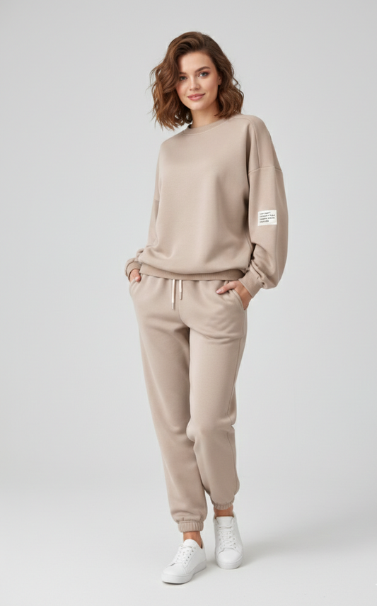 Woman wearing a beige tracksuit with a white background
