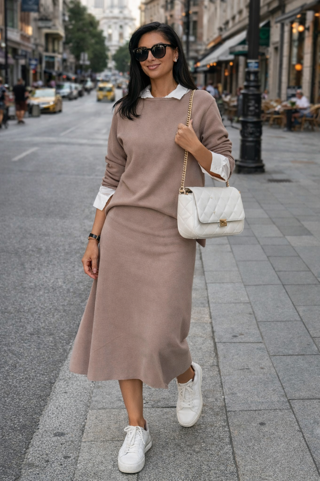 Woman in a brown dress and white sneakers walking on a city street.
