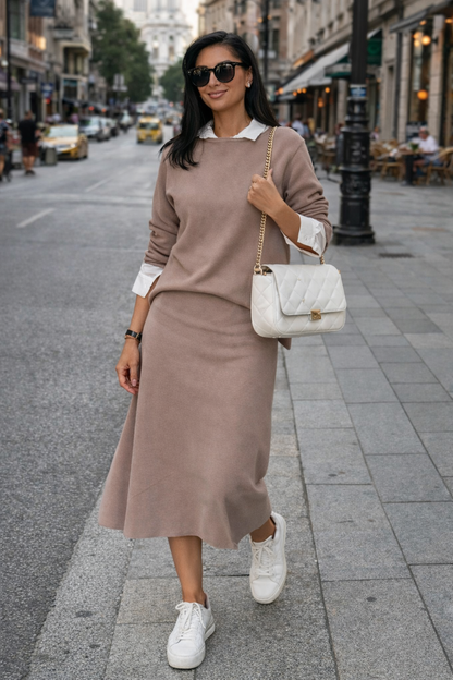 Woman in a brown dress and white sneakers walking on a city street.