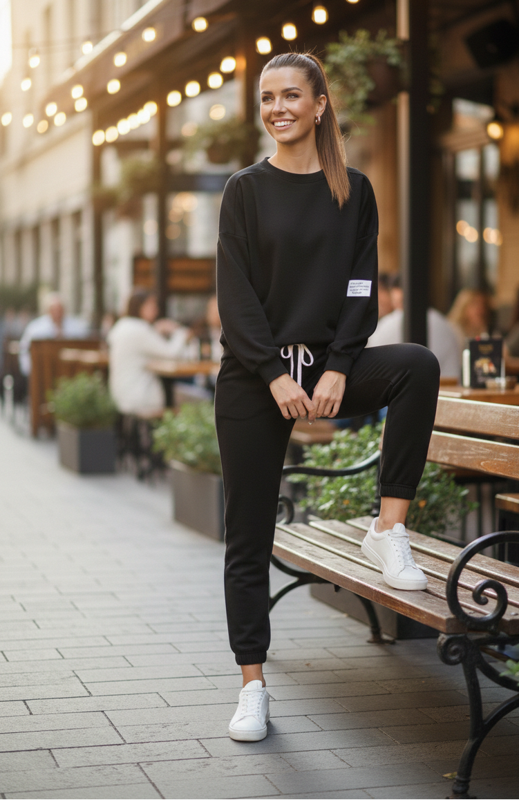Woman in black outfit sitting on a bench in an outdoor cafe setting