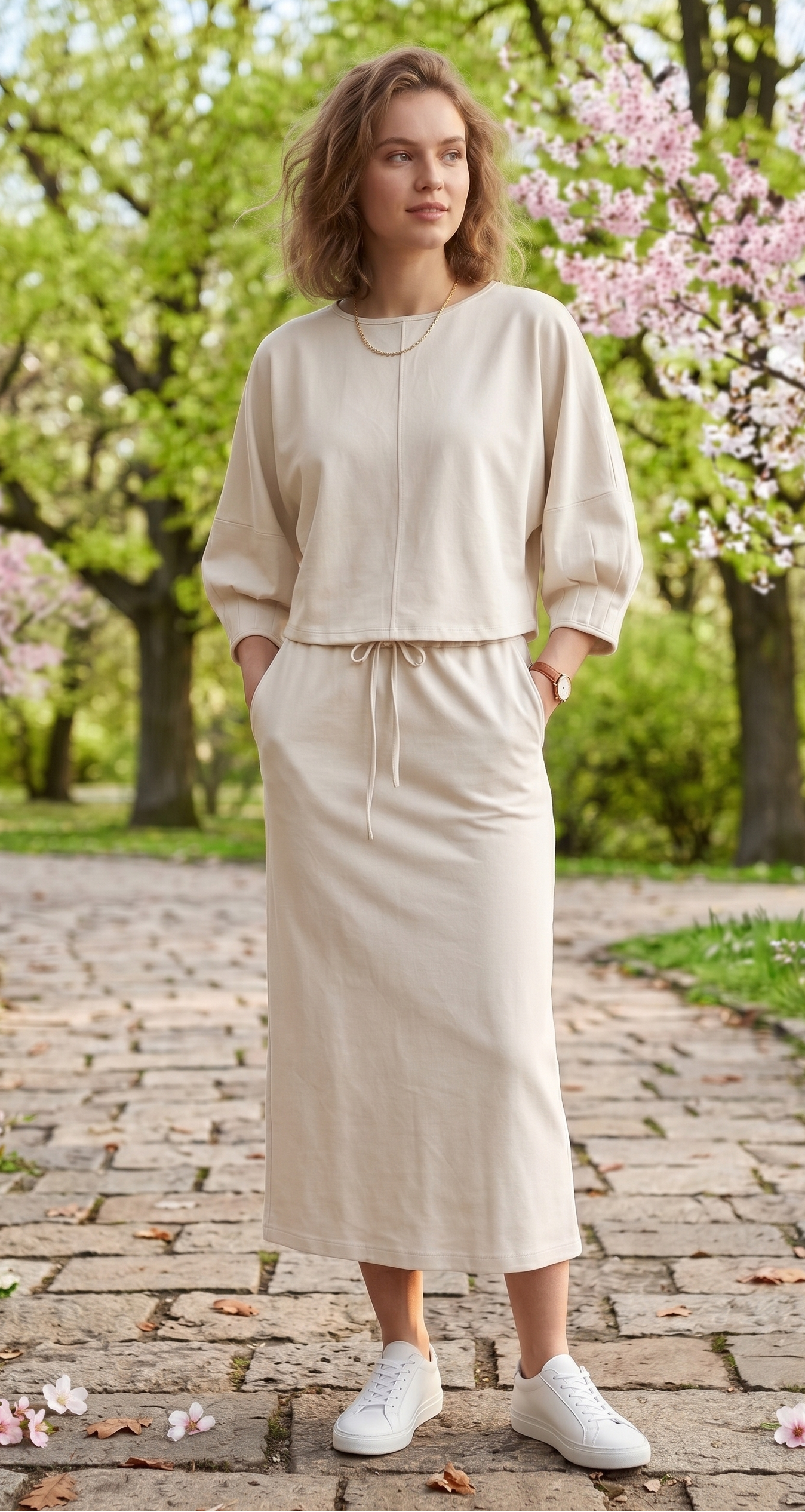 Woman in a beige outfit standing in a park with cherry blossom trees.